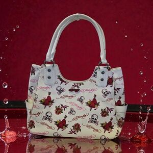 NEW Ed Hardy White Women's Bag With Skull,Rose & Heart Tattoo Designs Y2K NWT